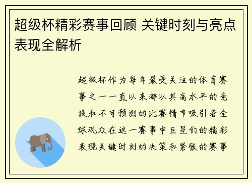 超级杯精彩赛事回顾 关键时刻与亮点表现全解析